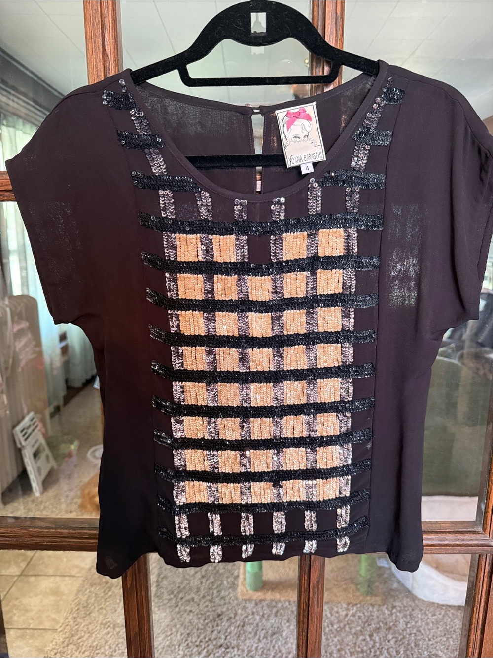 Yoana Baraschi Black Sequined Grid Cap Sleeve Blouse Top Size 4 Art Deco Style